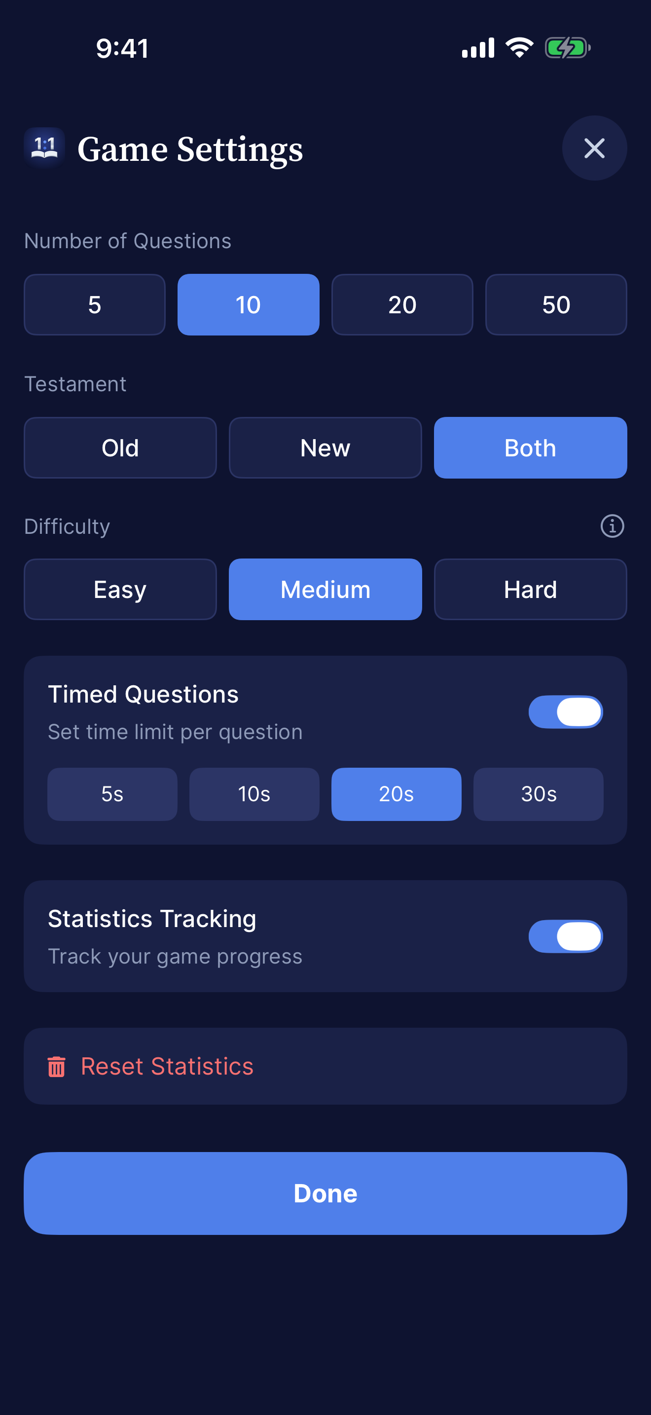 Bible Reference Game: game settings
