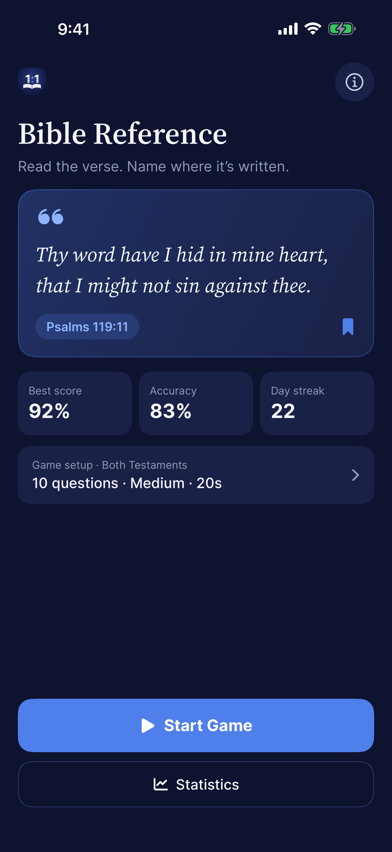 Bible Reference Game: home screen