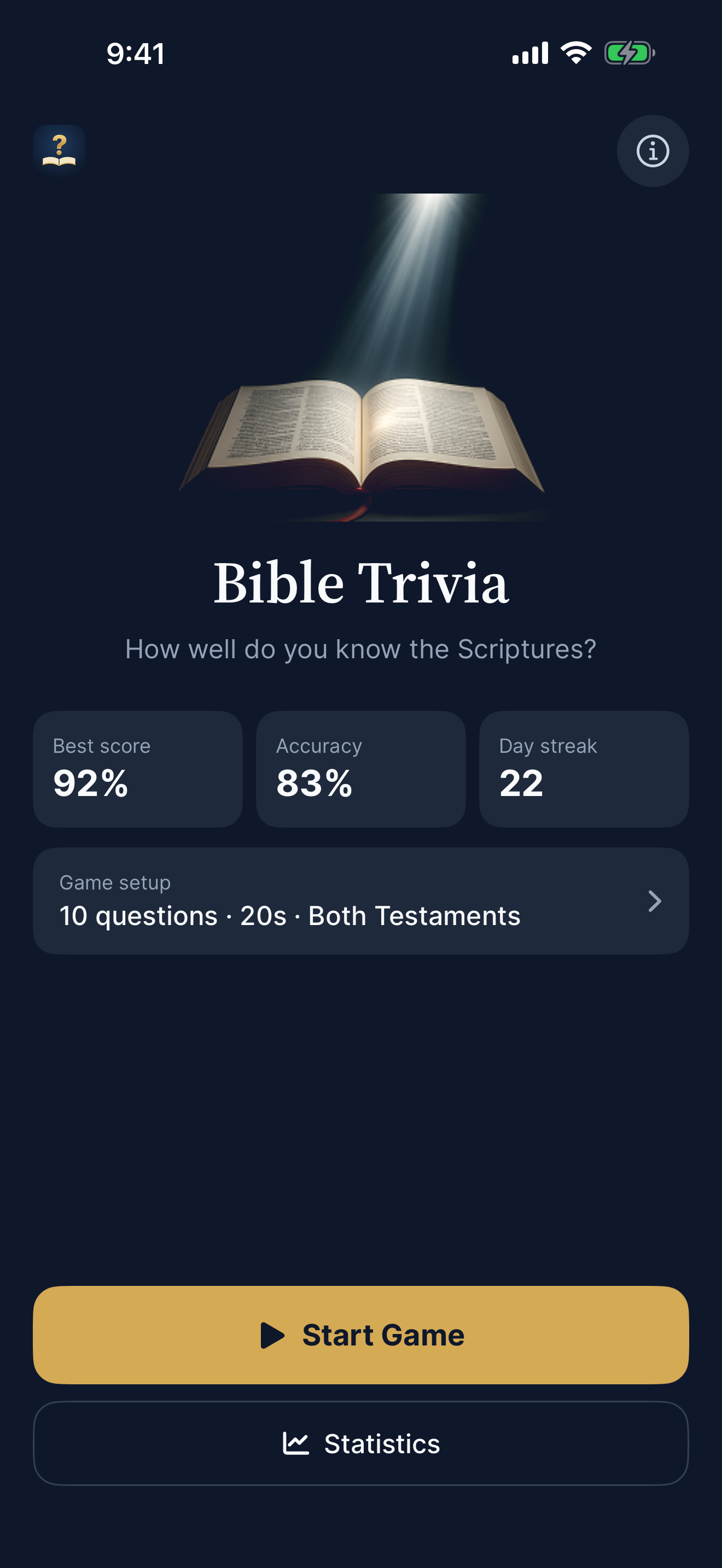 Bible Trivia Game: home screen